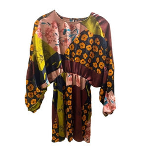 Zara Womens Floral Patchwork Long Sleeve Elastic Waist Dress Size Xs Round Neck